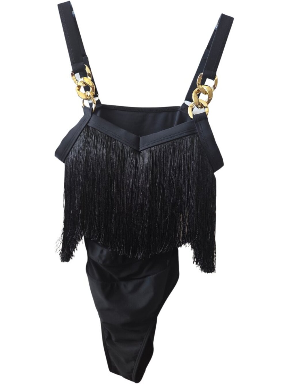 Women's Size M Black One Piece Fringe Tassel Chain Mesh with Adjustable Straps
